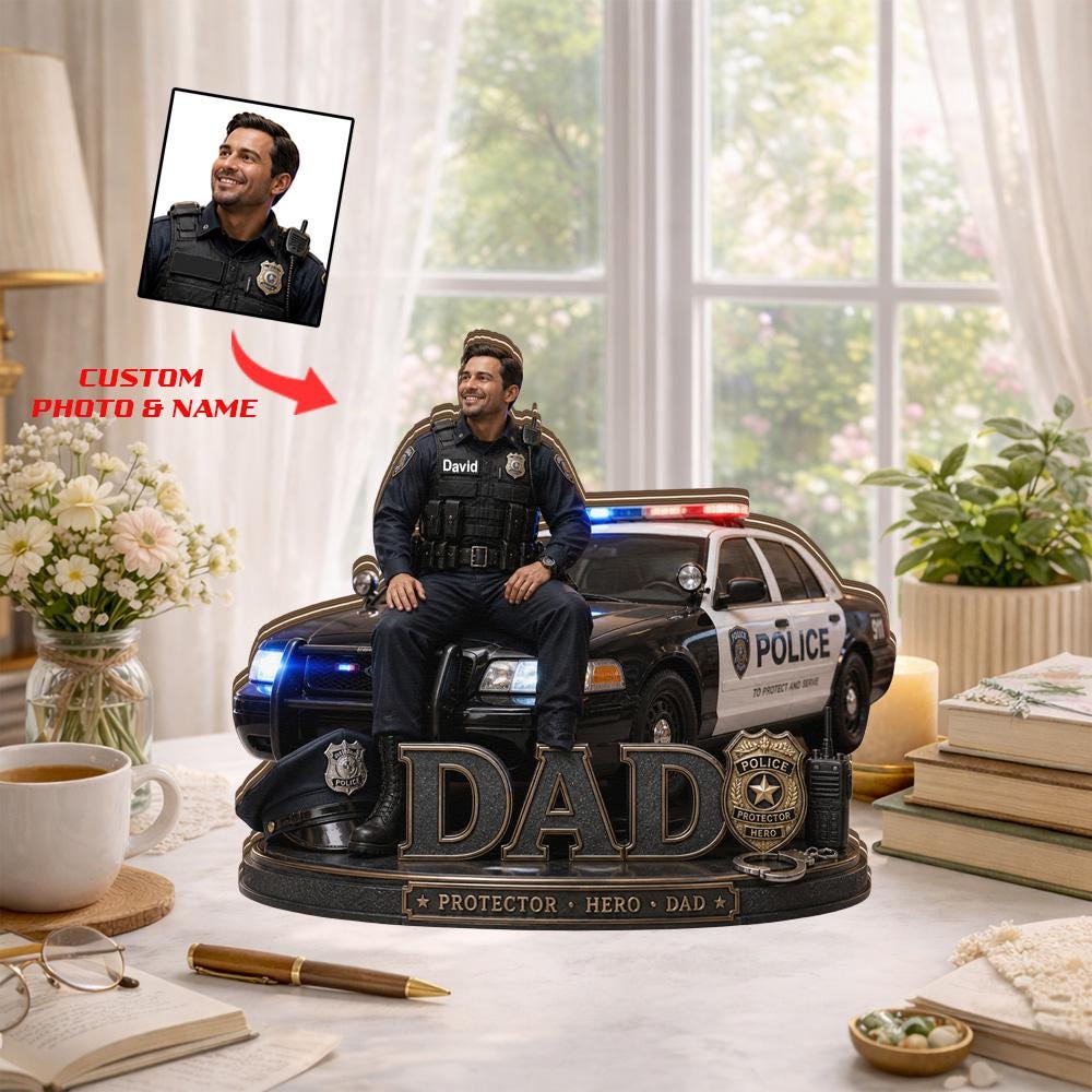 Personalized Police Dad Wooden Block, Custom Photo Gift for Dad, Fathers Day Police Officer Gift, Hero Dad Keepsake