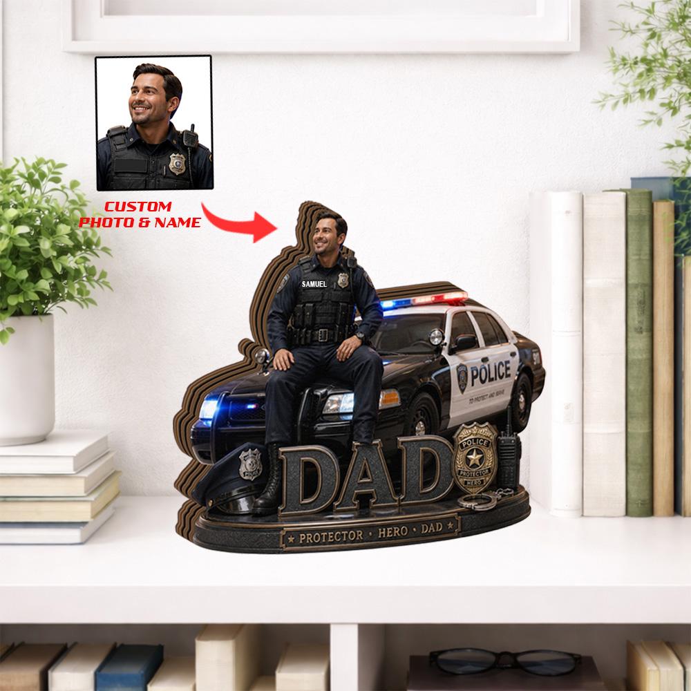 Personalized Police Dad Wooden Block, Custom Photo Gift for Dad, Fathers Day Police Officer Gift, Hero Dad Keepsake