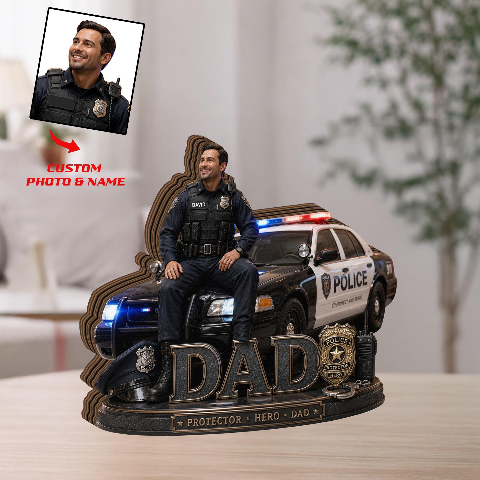 Personalized Police Dad Wooden Block, Custom Photo Gift for Dad, Fathers Day Police Officer Gift, Hero Dad Keepsake