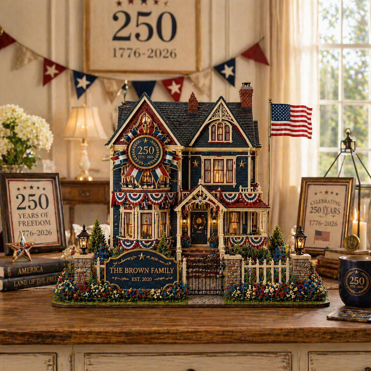 Personalized Patriotic House Wooden Block, Custom Family Name Sign, 4th of July Decor, American Home Keepsake Gift