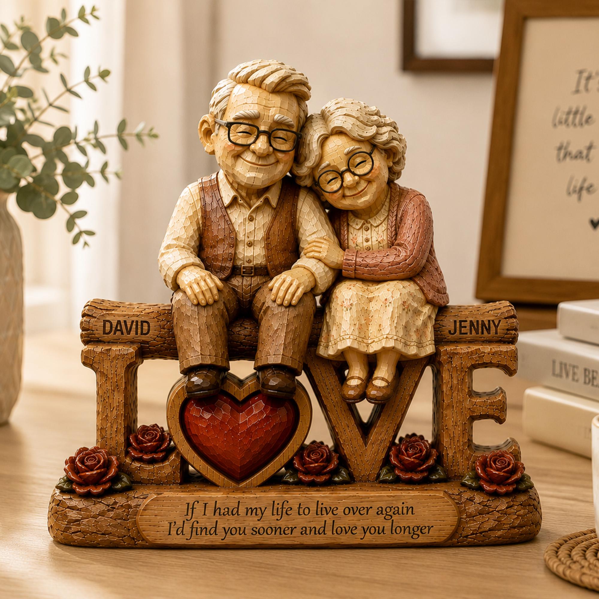Personalized Elderly Couple Figurine | Custom Wooden Love Sculpture | Anniversary Gift for Parents & Grandparents