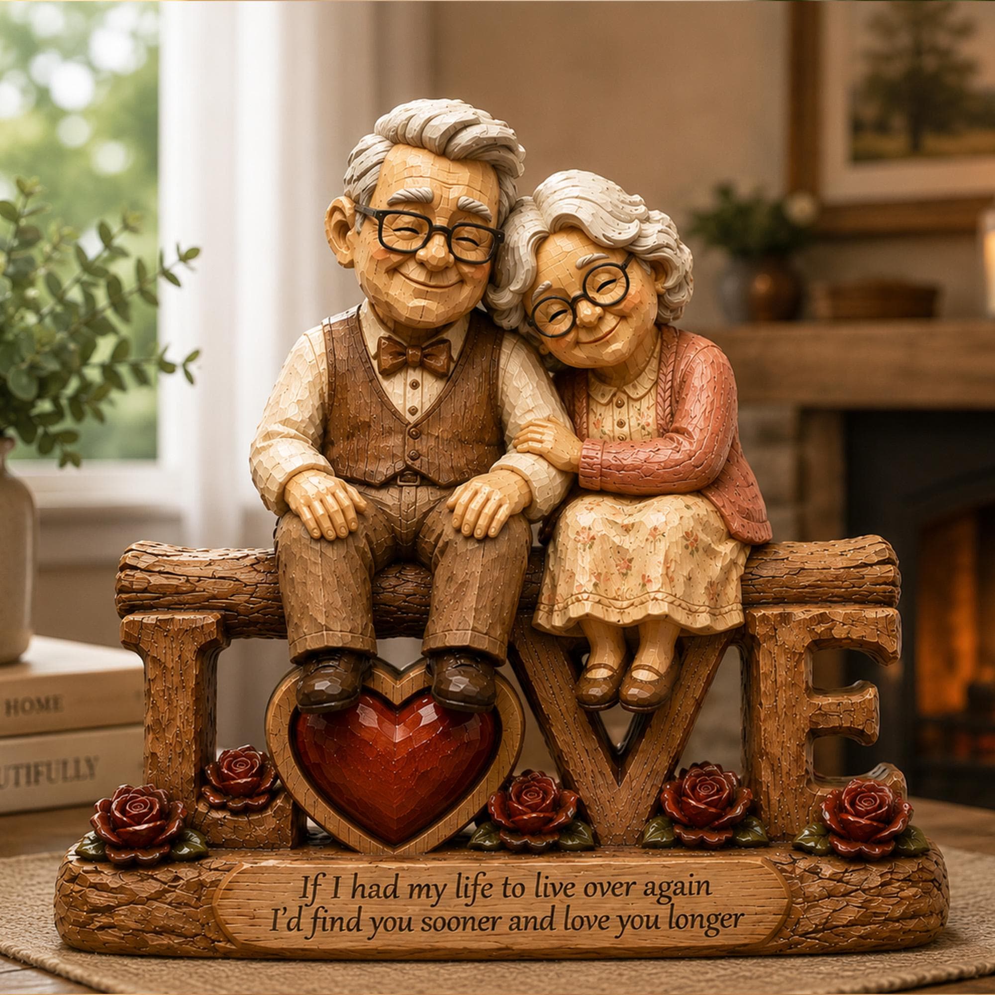 Personalized Elderly Couple Figurine | Custom Wooden Love Sculpture | Anniversary Gift for Parents & Grandparents