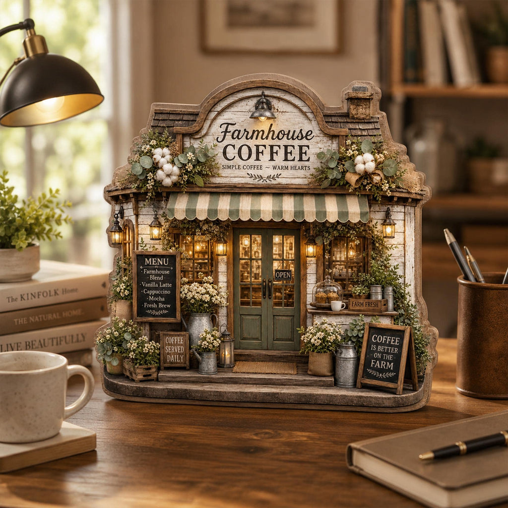 Personalized Farmhouse Coffee Shop Wooden Block, Rustic Cafe Decor, Custom Coffee Lover Gift, Cozy Kitchen Keepsake
