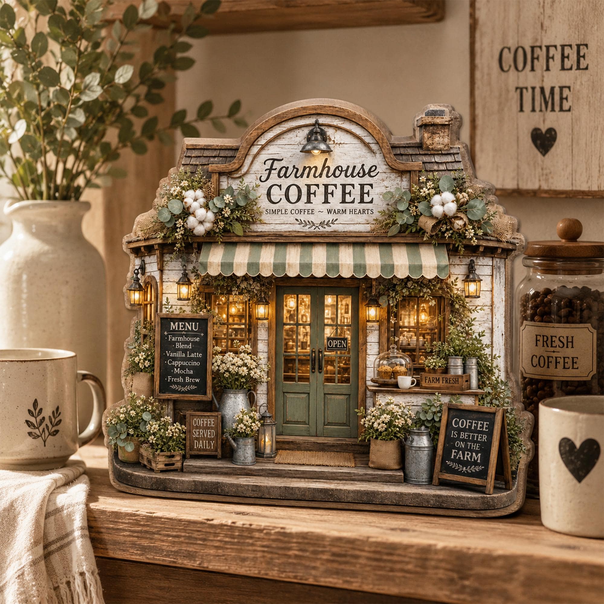 Personalized Farmhouse Coffee Shop Wooden Block, Rustic Cafe Decor, Custom Coffee Lover Gift, Cozy Kitchen Keepsake