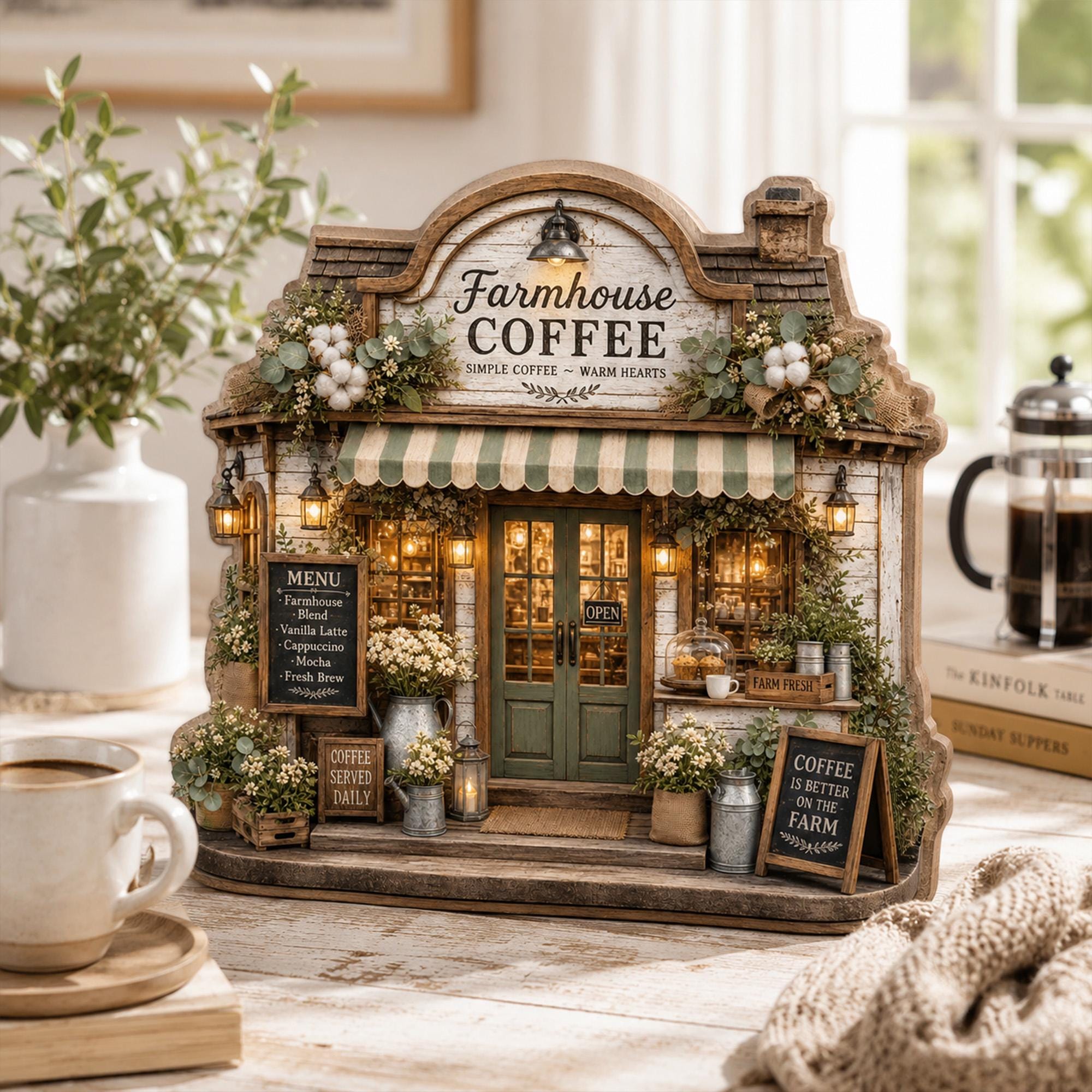 Personalized Farmhouse Coffee Shop Wooden Block, Rustic Cafe Decor, Custom Coffee Lover Gift, Cozy Kitchen Keepsake
