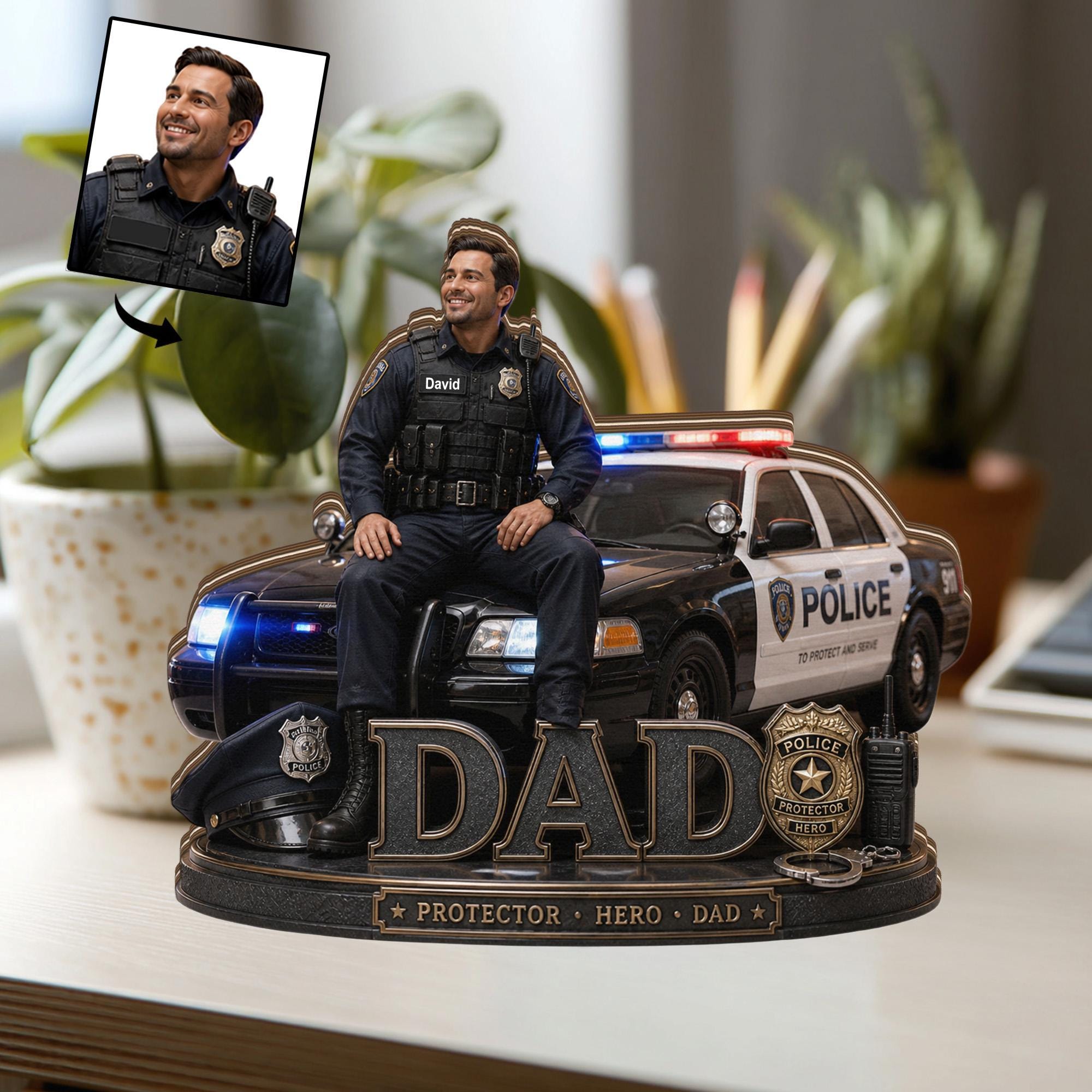 Personalized Police Dad Wooden Block, Custom Photo Gift for Dad, Fathers Day Police Officer Gift, Hero Dad Keepsake