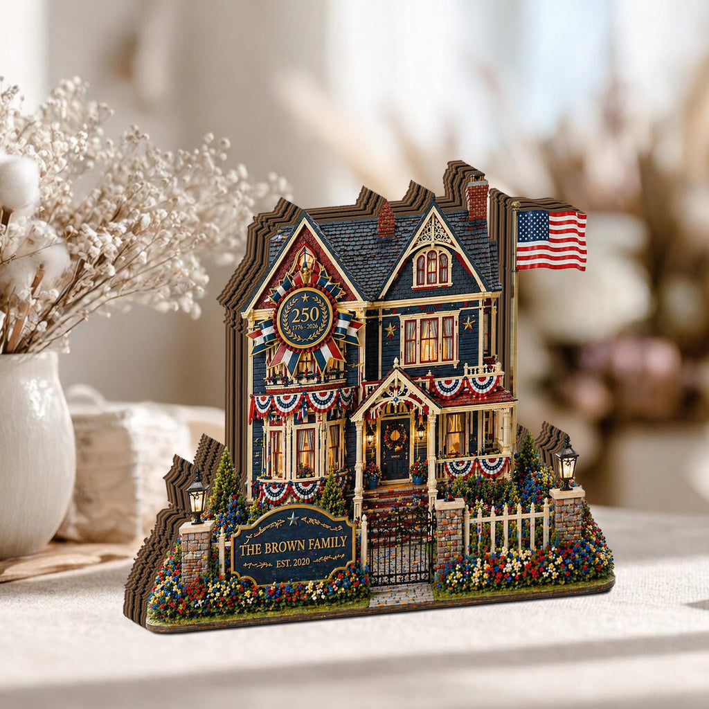 Personalized Patriotic House Wooden Block, Custom Family Name Sign, 4th of July Decor, American Home Keepsake Gift