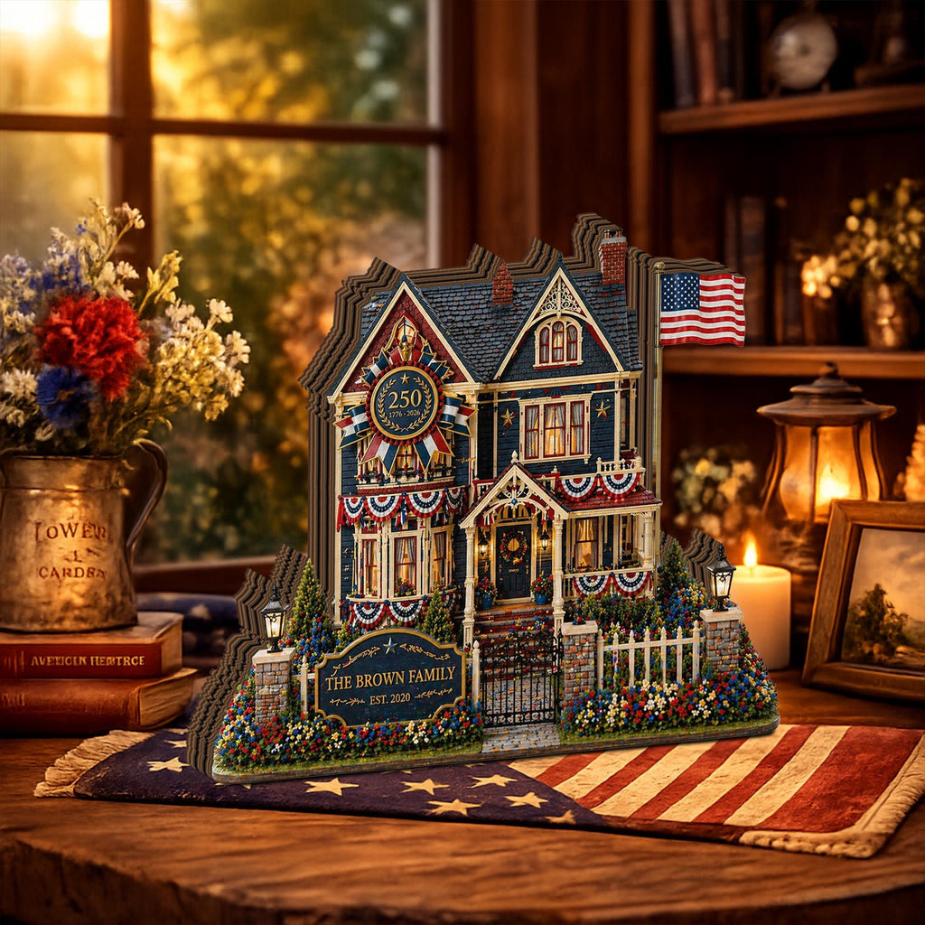Personalized Patriotic House Wooden Block, Custom Family Name Sign, 4th of July Decor, American Home Keepsake Gift