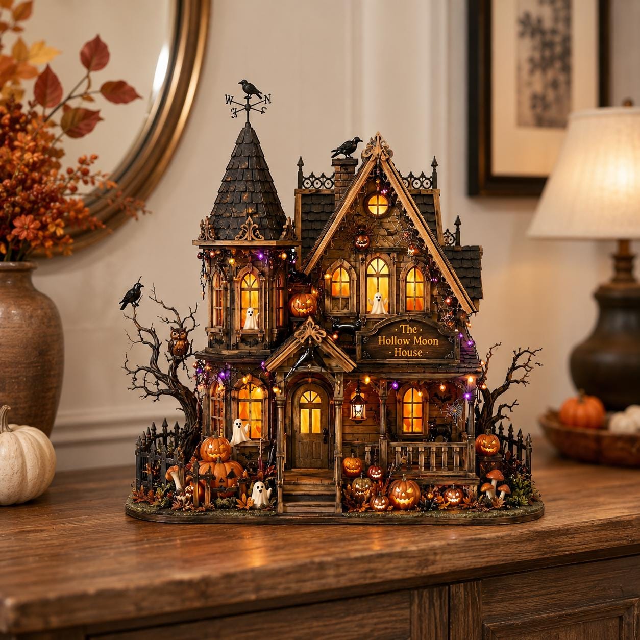 Personalized Halloween Haunted House Wooden Block, Gothic Spooky House Decor, Tabletop Sign, Fall Shelf Decoration
