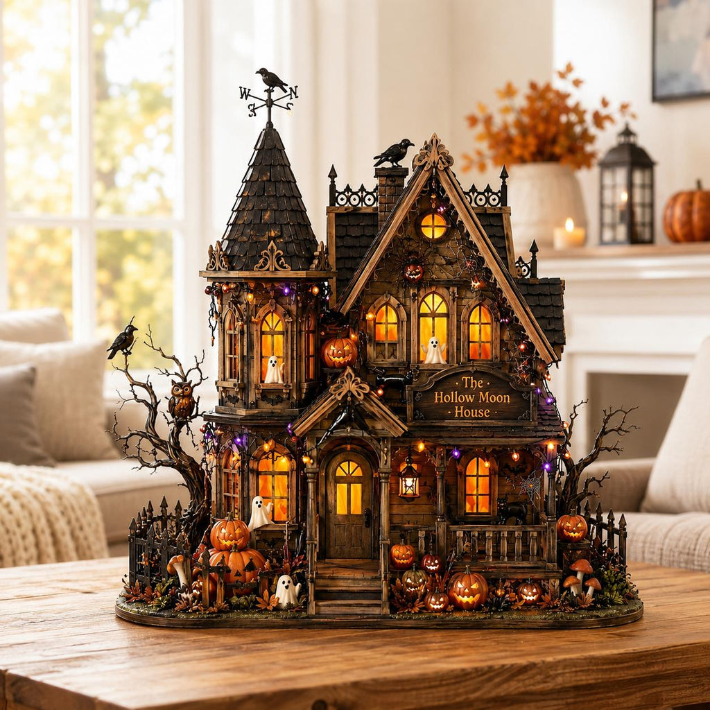 Personalized Halloween Haunted House Wooden Block, Gothic Spooky House Decor, Tabletop Sign, Fall Shelf Decoration