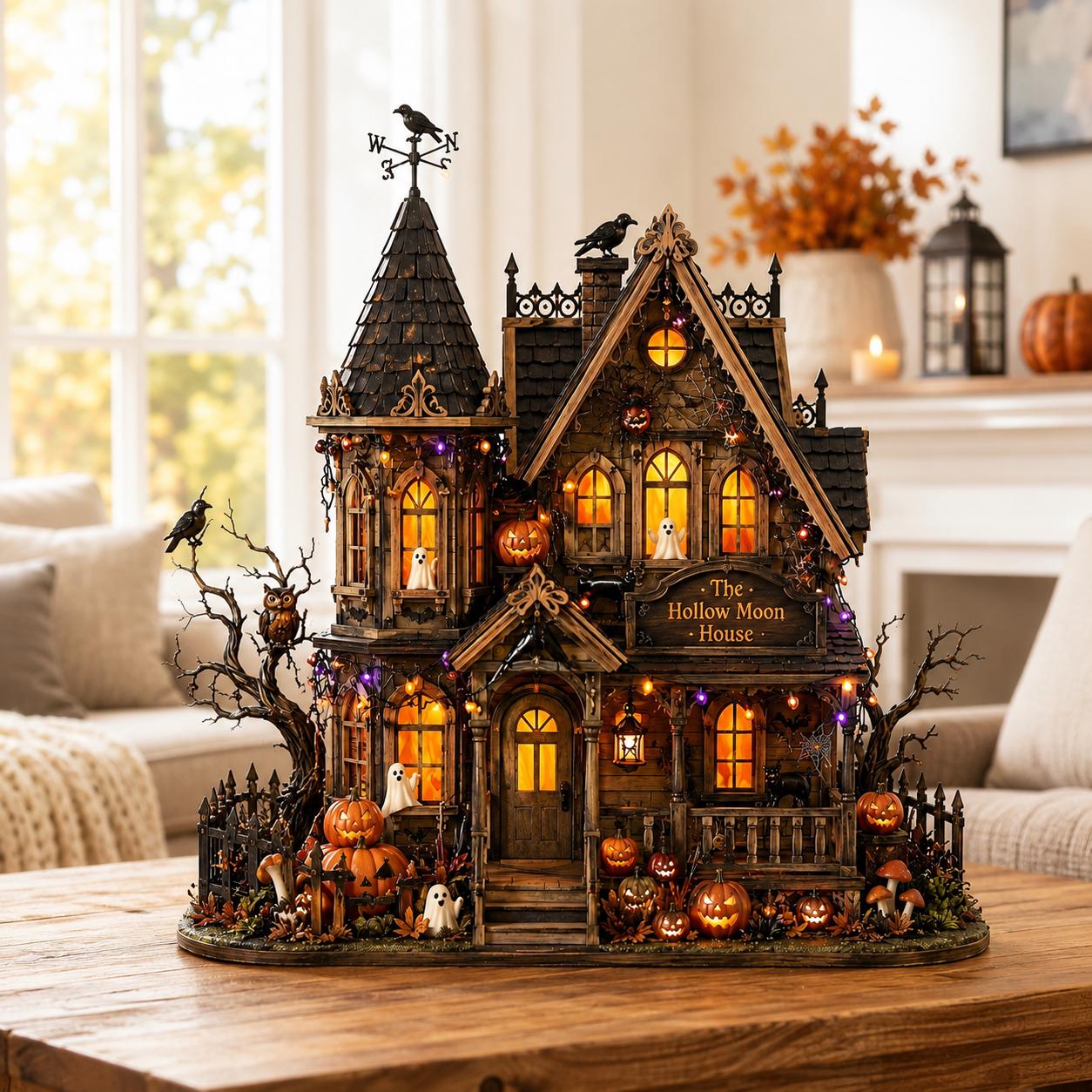 Personalized Halloween Haunted House Wooden Block, Gothic Spooky House Decor, Tabletop Sign, Fall Shelf Decoration