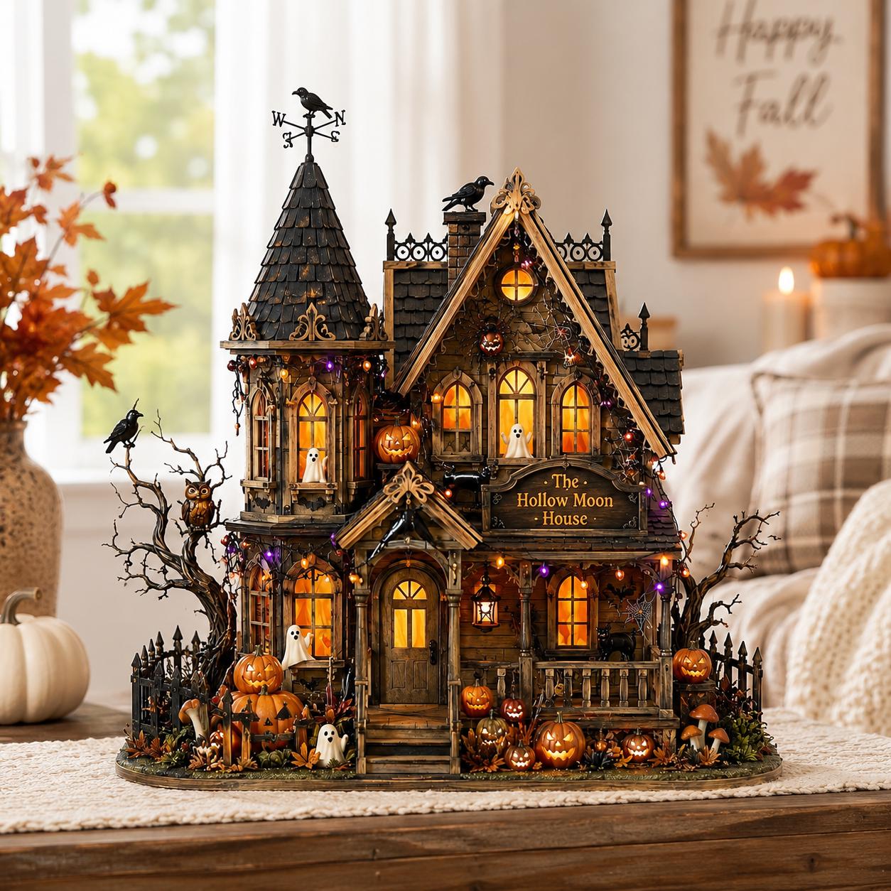 Personalized Halloween Haunted House Wooden Block, Gothic Spooky House Decor, Tabletop Sign, Fall Shelf Decoration