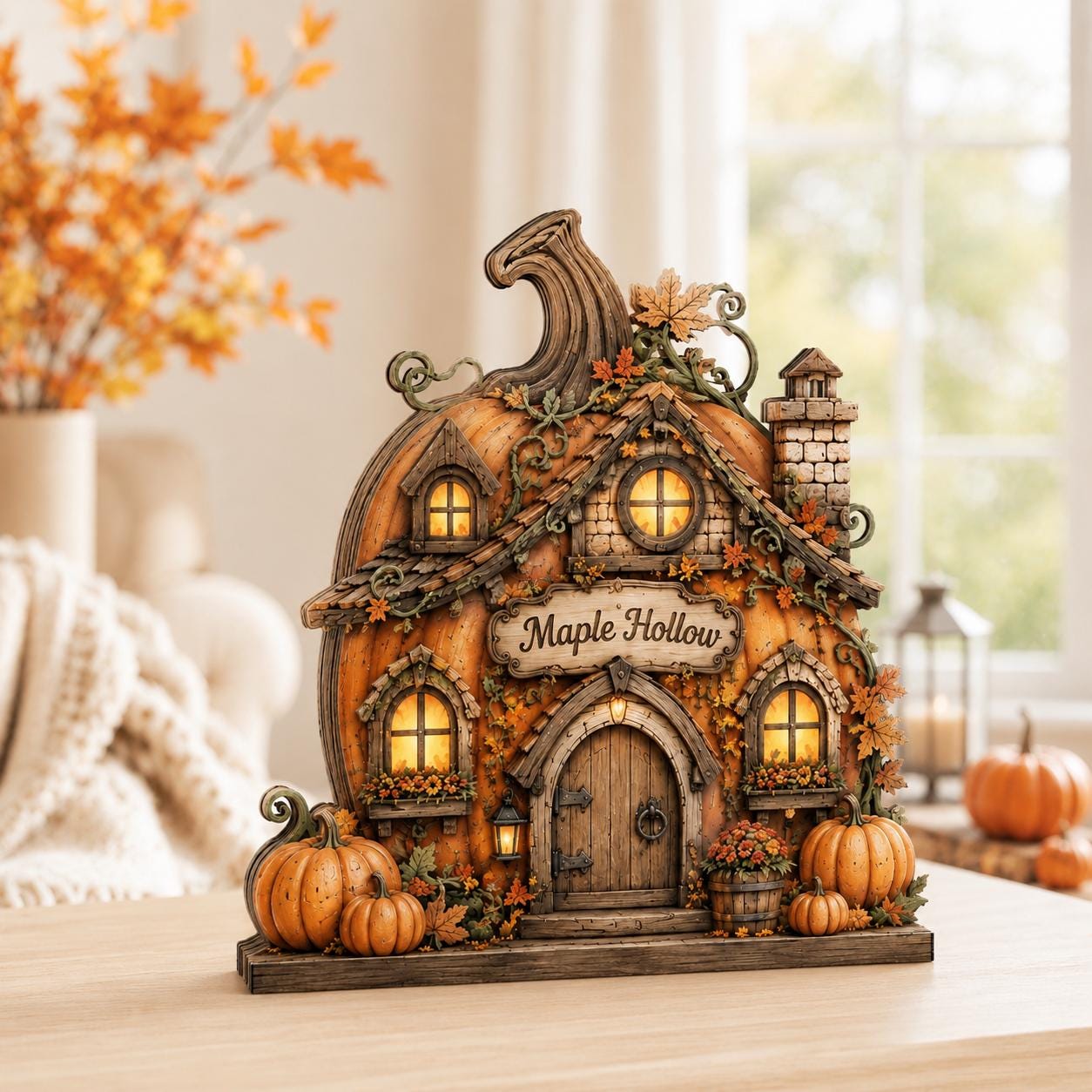 Personalized Pumpkin House Wooden Block, Autumn Fall Decor, Rustic Harvest Cottage Sign