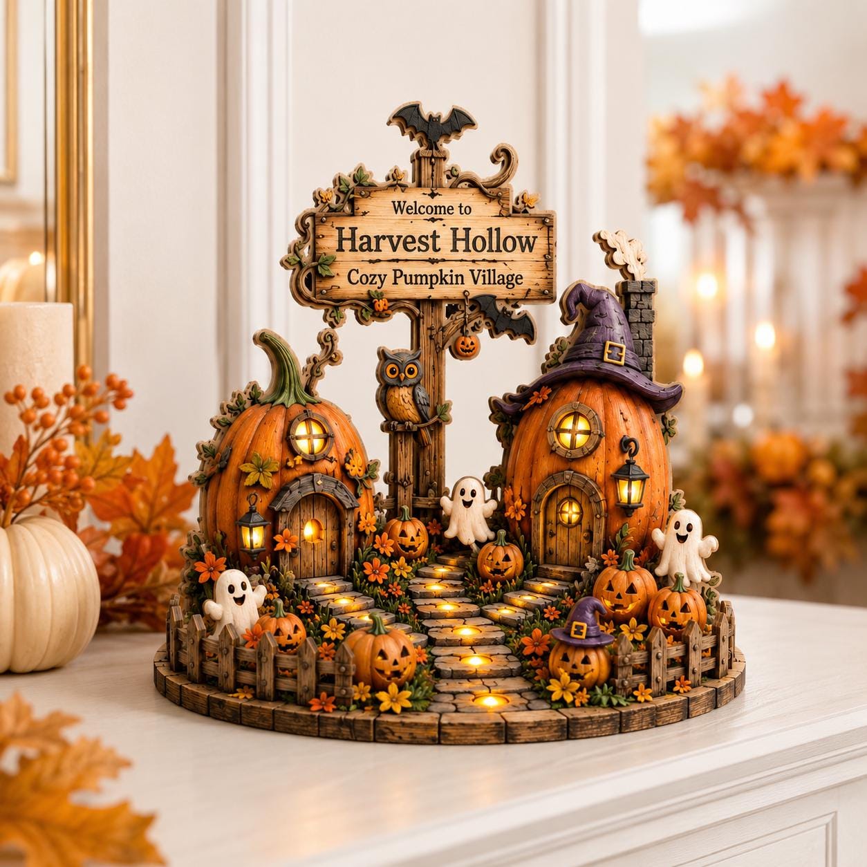 Halloween Pumpkin Village Wooden Block, Cozy Fall Harvest Decor, Spooky Cottage Shelf Display