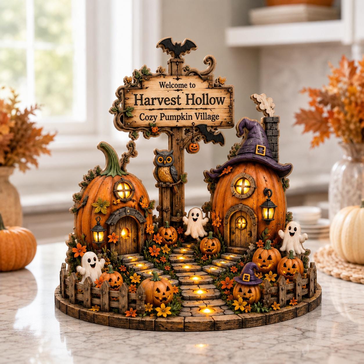 Halloween Pumpkin Village Wooden Block, Cozy Fall Harvest Decor, Spooky Cottage Shelf Display