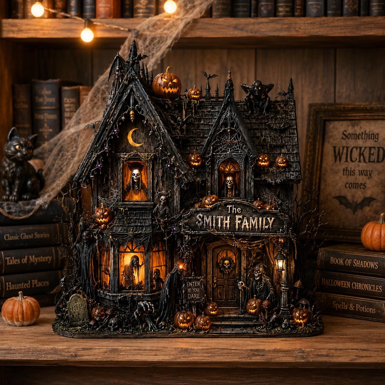 Personalized Haunted House Block, Gothic Spooky Halloween Decor, Family Shelf Decoration
