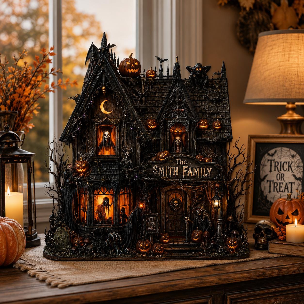 Personalized Haunted House Block, Gothic Spooky Halloween Decor, Family Shelf Decoration