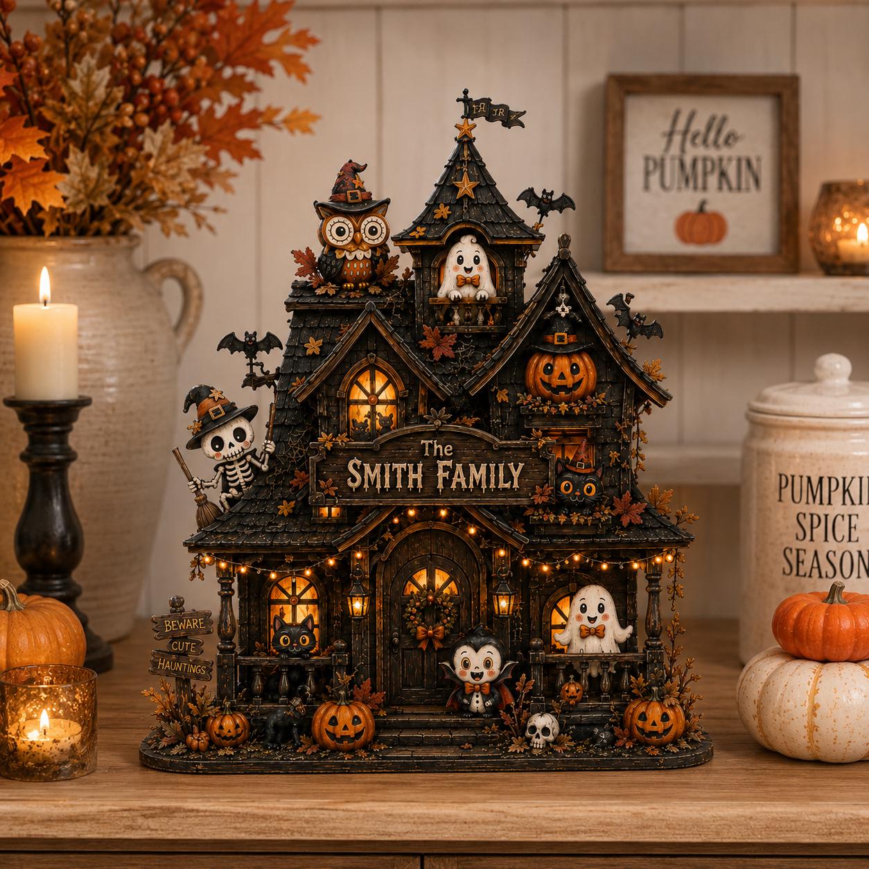 Personalized Haunted House Wooden Block, Custom Family Halloween Decor, Spooky Cottage Shelf Decor, Fall Gift