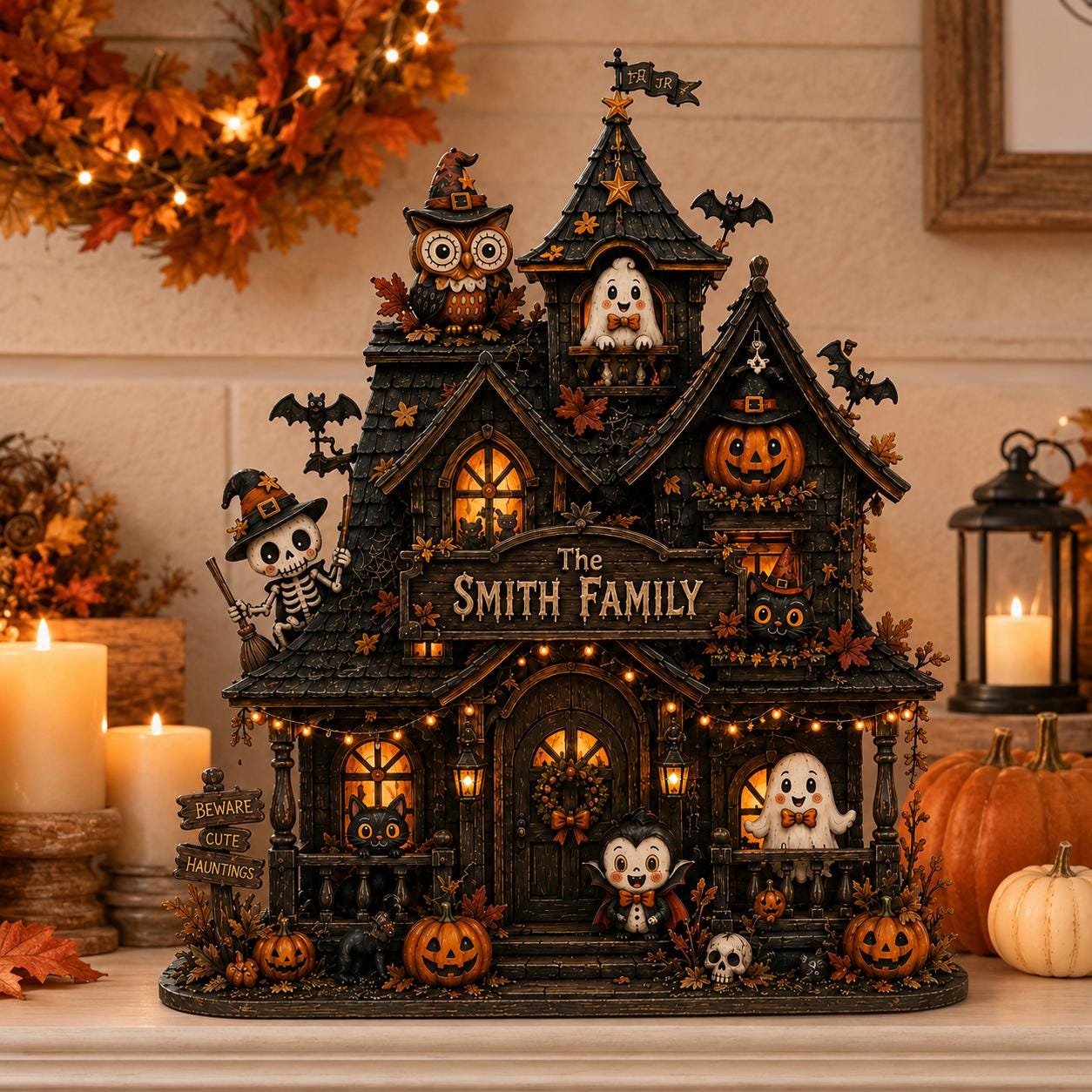Personalized Haunted House Wooden Block, Custom Family Halloween Decor, Spooky Cottage Shelf Decor, Fall Gift