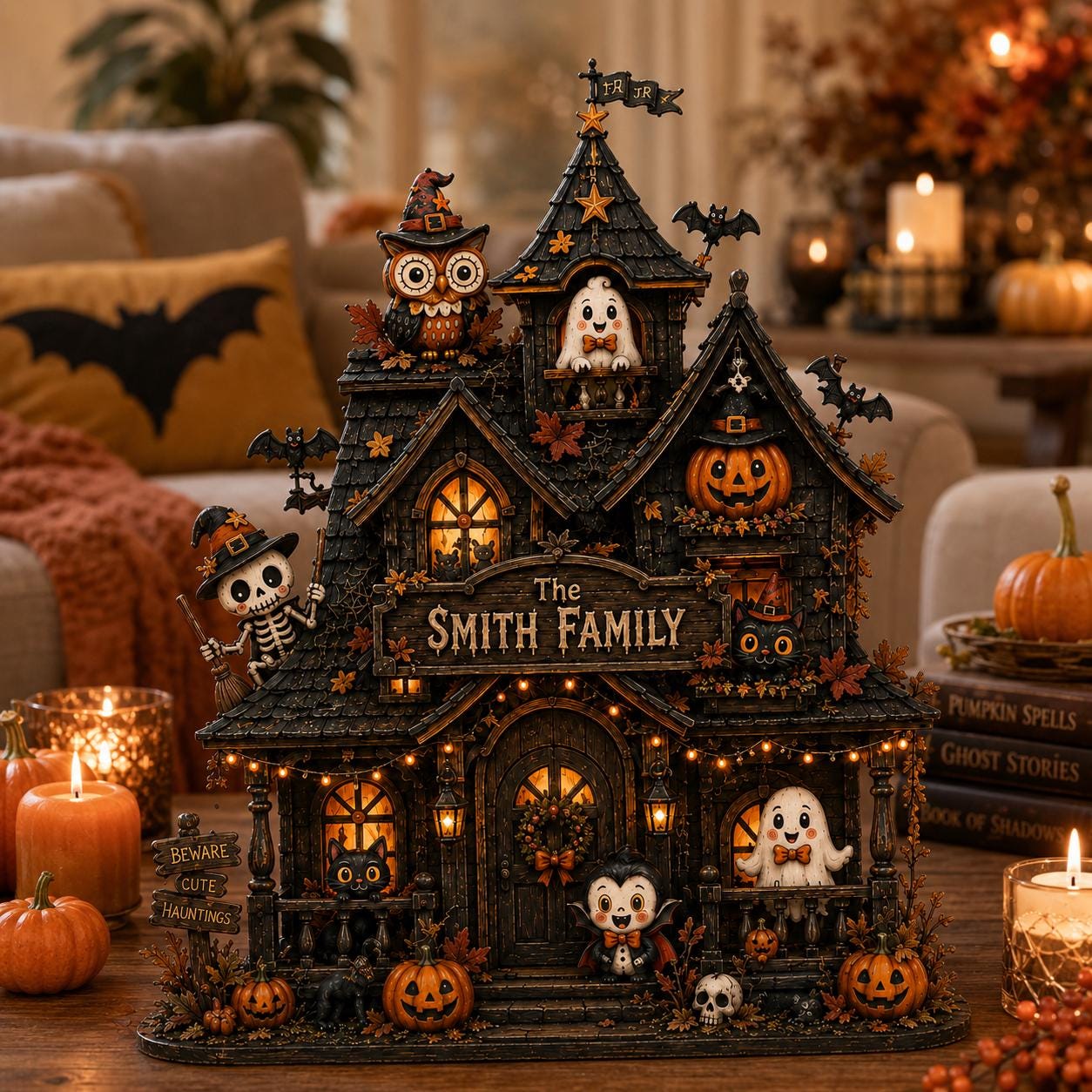 Personalized Haunted House Wooden Block, Custom Family Halloween Decor, Spooky Cottage Shelf Decor, Fall Gift