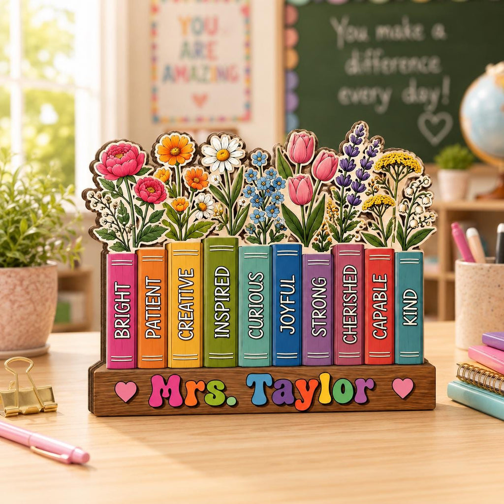 Personalized Teacher Wooden Block, Custom Teacher Desk Decor, Floral Book Stack Sign, Classroom Appreciation Gift, Back to School