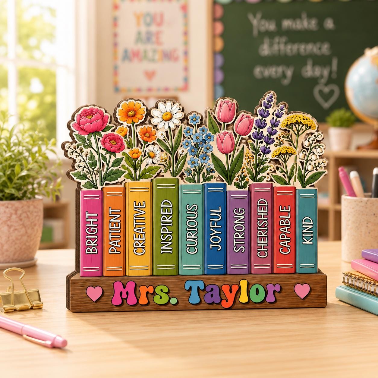 Personalized Teacher Wooden Block, Custom Teacher Desk Decor, Floral Book Stack Sign, Classroom Appreciation Gift, Back to School