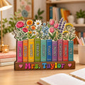 Personalized Teacher Wooden Block, Custom Teacher Desk Decor, Floral Book Stack Sign, Classroom Appreciation Gift, Back to School