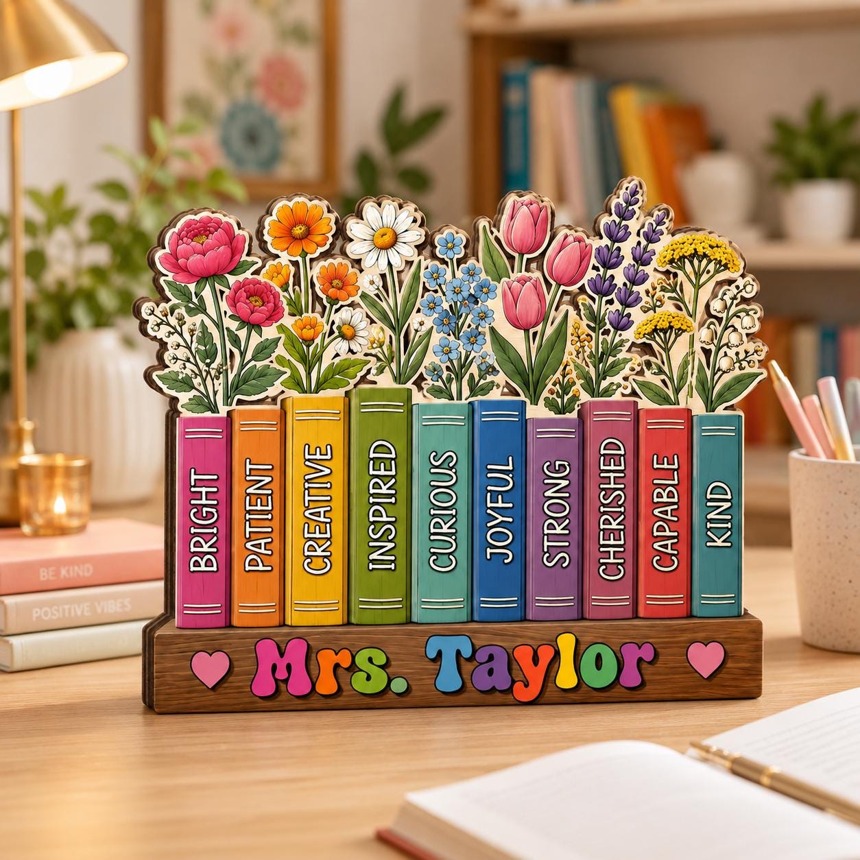 Personalized Teacher Wooden Block, Custom Teacher Desk Decor, Floral Book Stack Sign, Classroom Appreciation Gift, Back to School