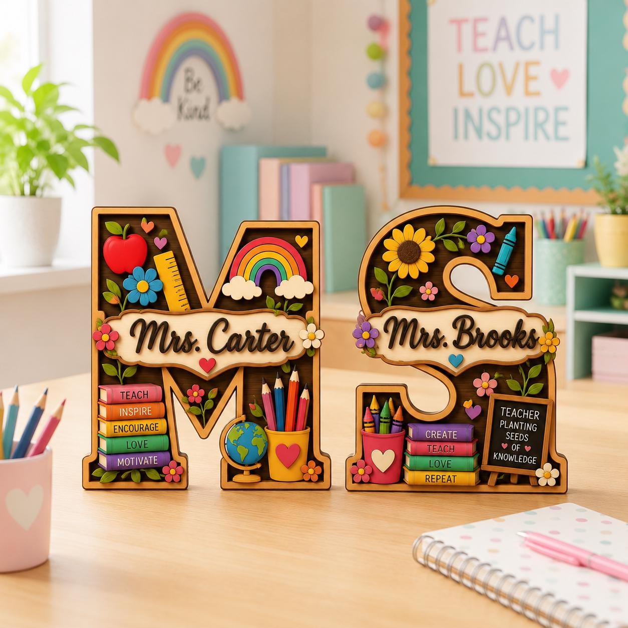Personalized Teacher Letter Wooden Block, Custom Initial Name Sign, Classroom Desk Decor, Teacher Appreciation Gift, Back to School