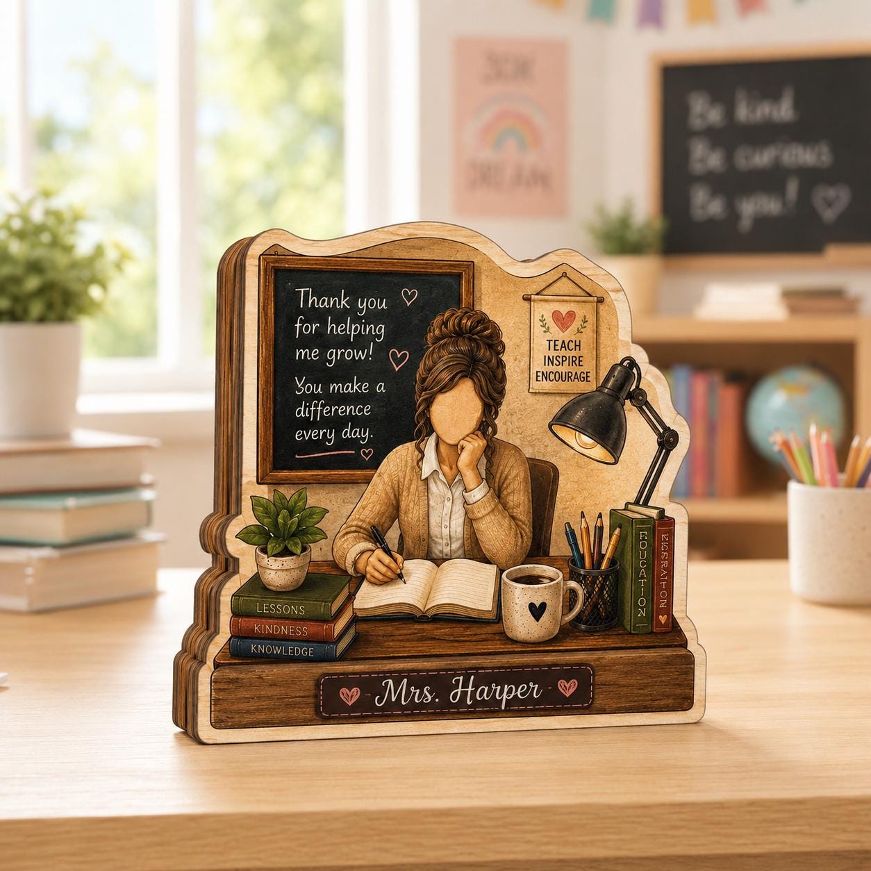 Personalized Teacher Wooden Desk Plaque, Custom Appreciation Keepsake, Classroom Name Decor