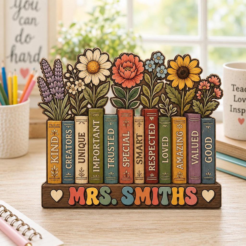 Custom Flowers Book Teacher Classroom Wooden Block,Floral Teacher Desk Decor,Personalized Teachers Name,Teacher Appreciation Gift,Wildflower