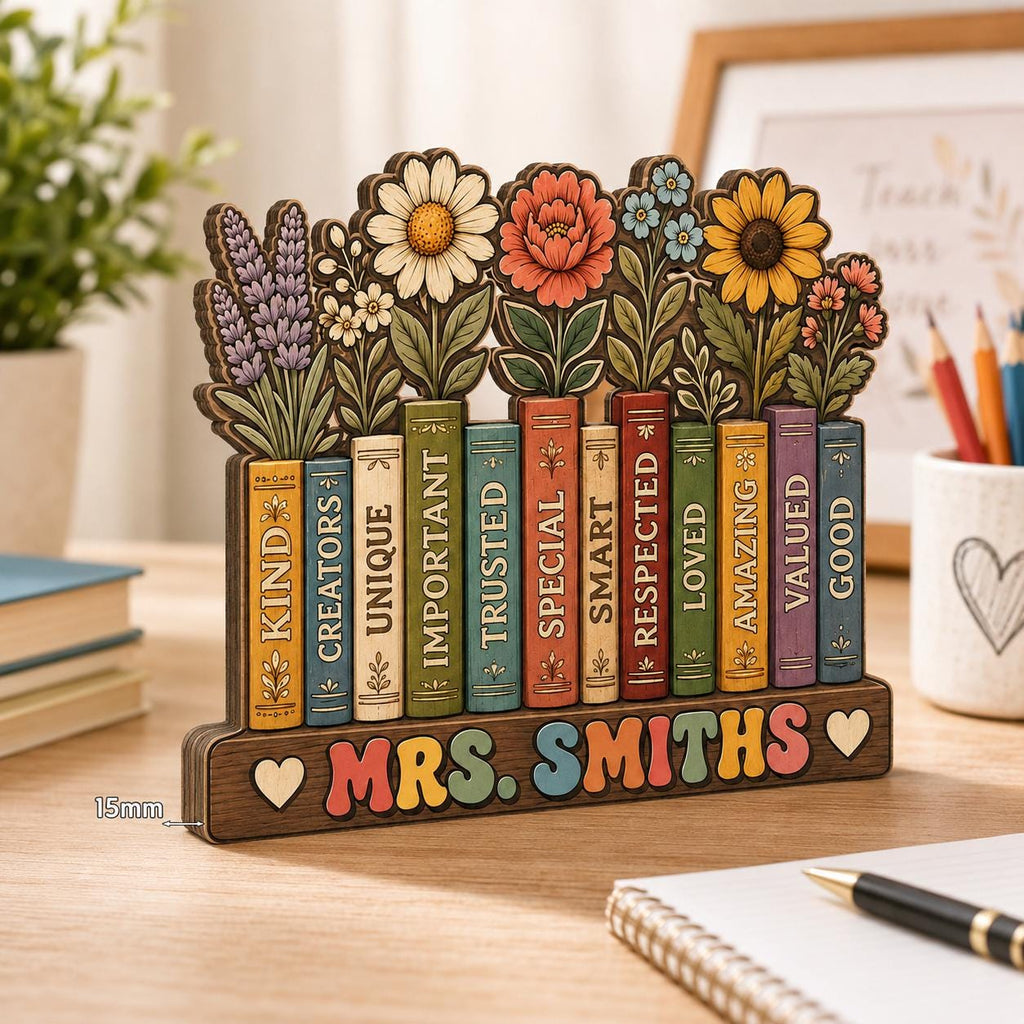 Custom Flowers Book Teacher Classroom Wooden Block,Floral Teacher Desk Decor,Personalized Teachers Name,Teacher Appreciation Gift,Wildflower