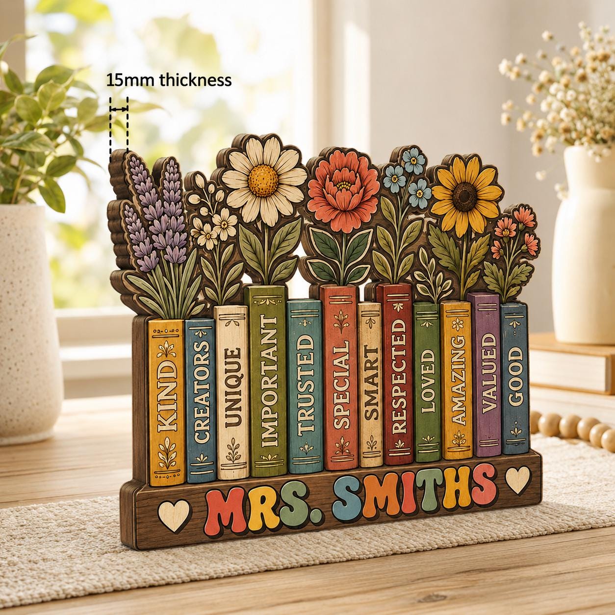 Custom Flowers Book Teacher Classroom Wooden Block,Floral Teacher Desk Decor,Personalized Teachers Name,Teacher Appreciation Gift,Wildflower