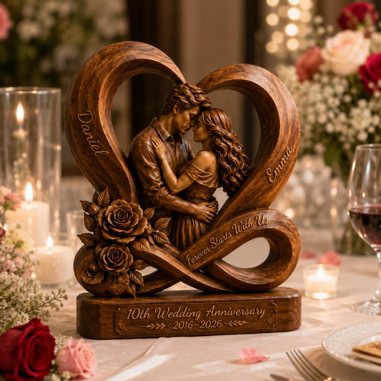 Personalized Couple Heart Sculpture, 10th Anniversary Wooden Keepsake, Romantic Memory Decor