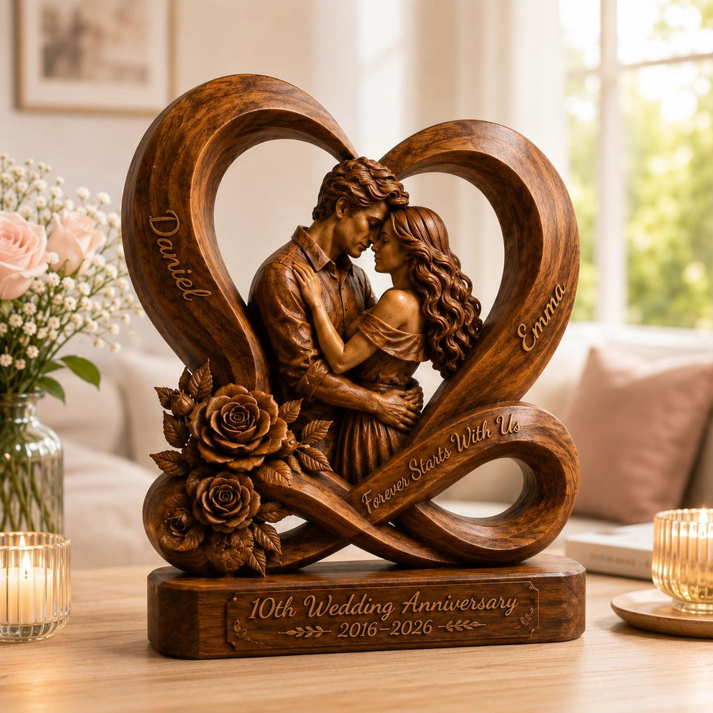 Personalized Couple Heart Sculpture, 10th Anniversary Wooden Keepsake, Romantic Memory Decor