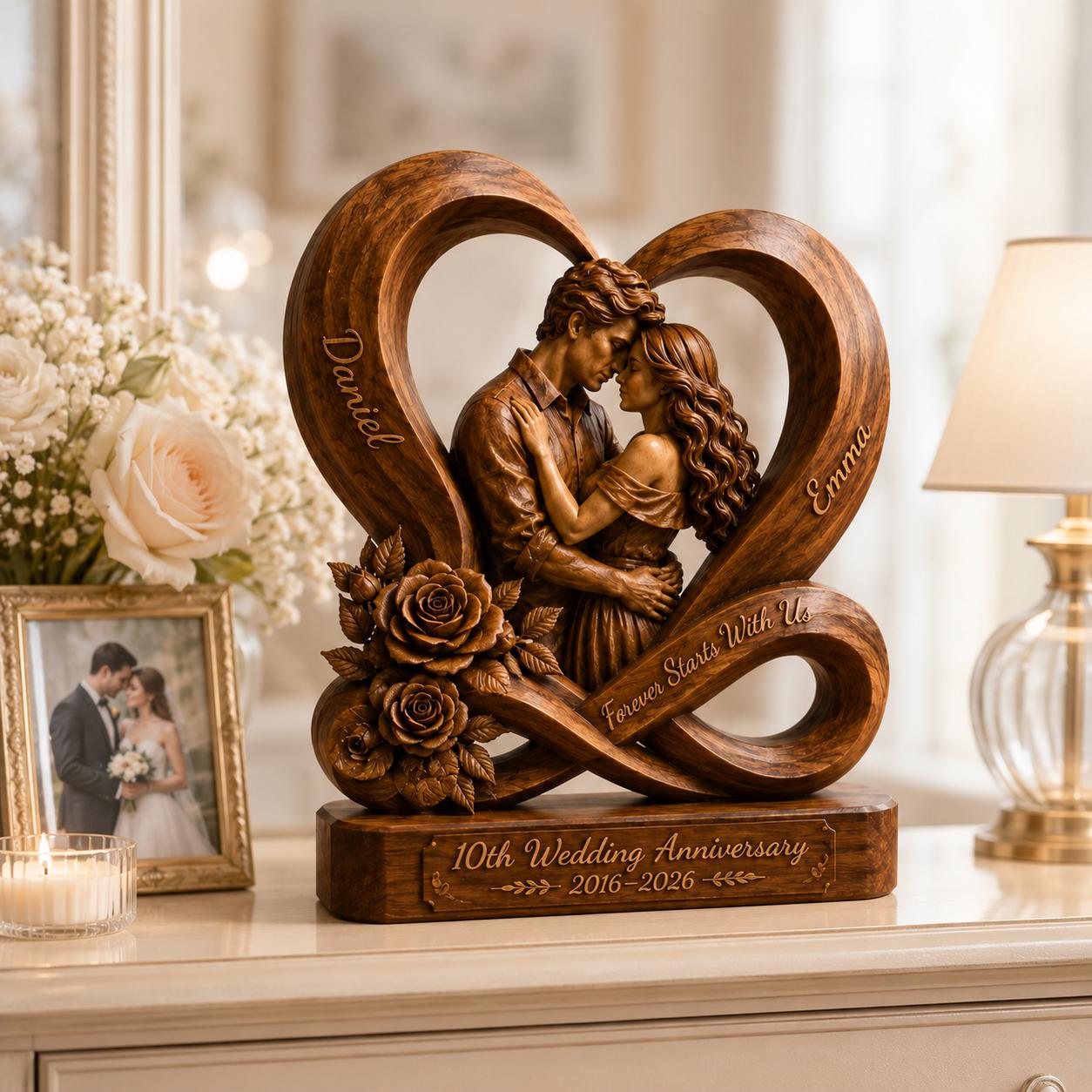 Personalized Couple Heart Sculpture, 10th Anniversary Wooden Keepsake, Romantic Memory Decor