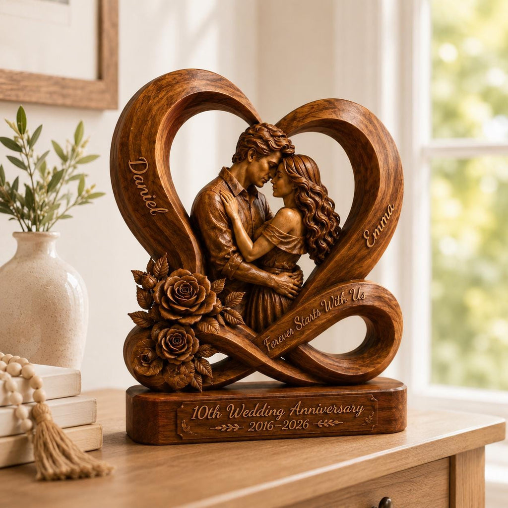 Personalized Couple Heart Sculpture, 10th Anniversary Wooden Keepsake, Romantic Memory Decor
