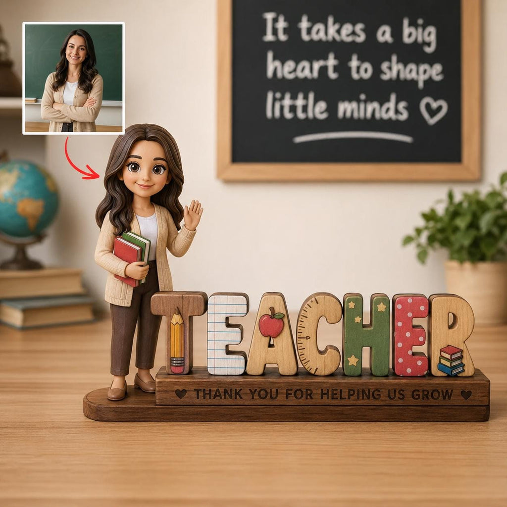 Personalized Teacher Photo Wooden Block, Custom Teacher Name Sign, Classroom Desk Decor, Teacher Appreciation Gift, End of Year Keepsake