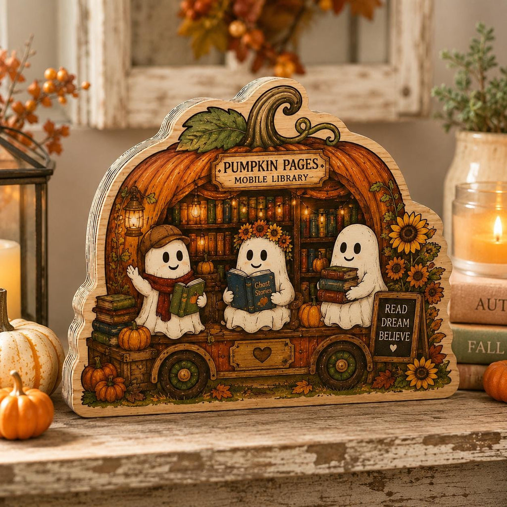 Pumpkin Pages Wooden Block, Ghost Mobile Library Fall Decor, Cute Halloween Shelf Sitter, Book Lover Gift, Autumn Reading Nook Sign