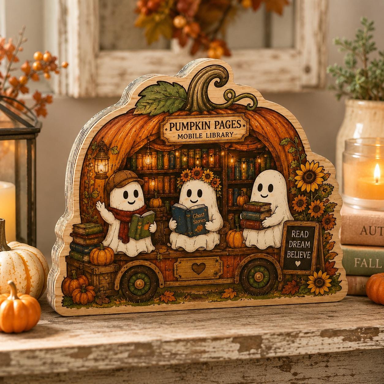 Pumpkin Pages Wooden Block, Ghost Mobile Library Fall Decor, Cute Halloween Shelf Sitter, Book Lover Gift, Autumn Reading Nook Sign