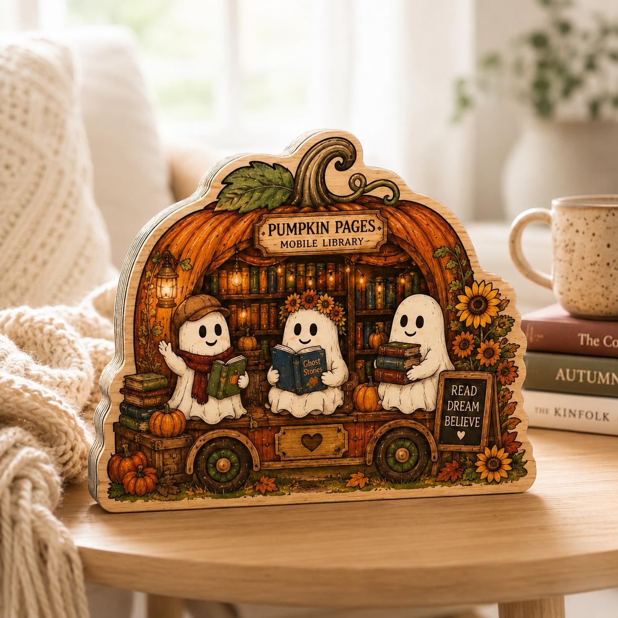 Pumpkin Pages Wooden Block, Ghost Mobile Library Fall Decor, Cute Halloween Shelf Sitter, Book Lover Gift, Autumn Reading Nook Sign