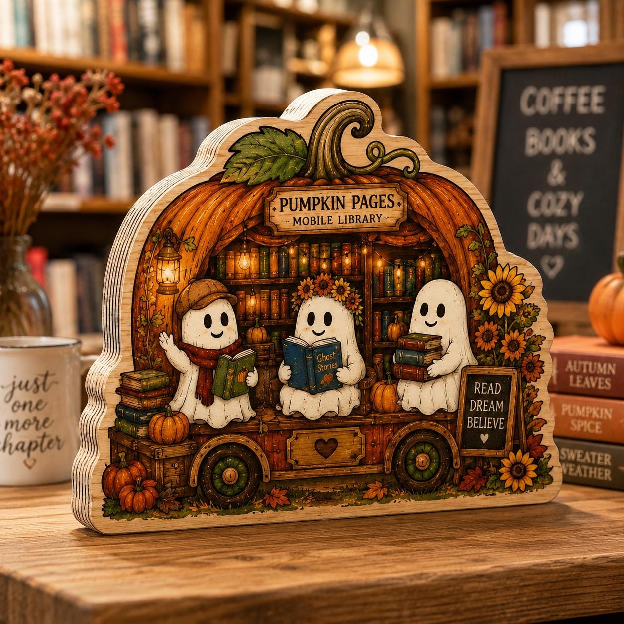 Pumpkin Pages Wooden Block, Ghost Mobile Library Fall Decor, Cute Halloween Shelf Sitter, Book Lover Gift, Autumn Reading Nook Sign