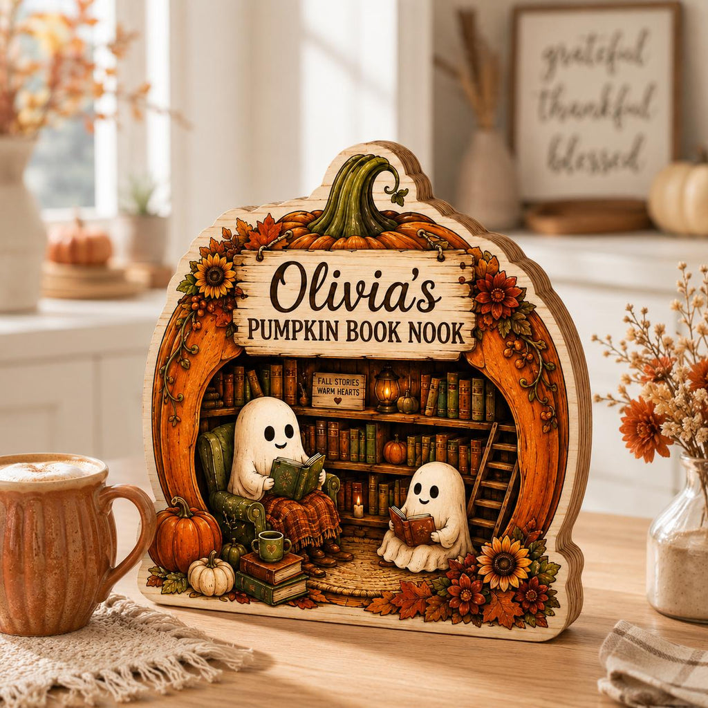Personalized Pumpkin Book Nook: Halloween Ghost Reading Accent, Autumn Decor