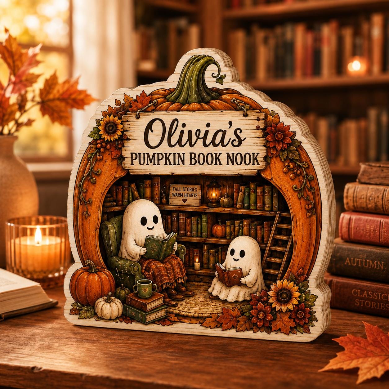 Personalized Pumpkin Book Nook: Halloween Ghost Reading Accent, Autumn Decor