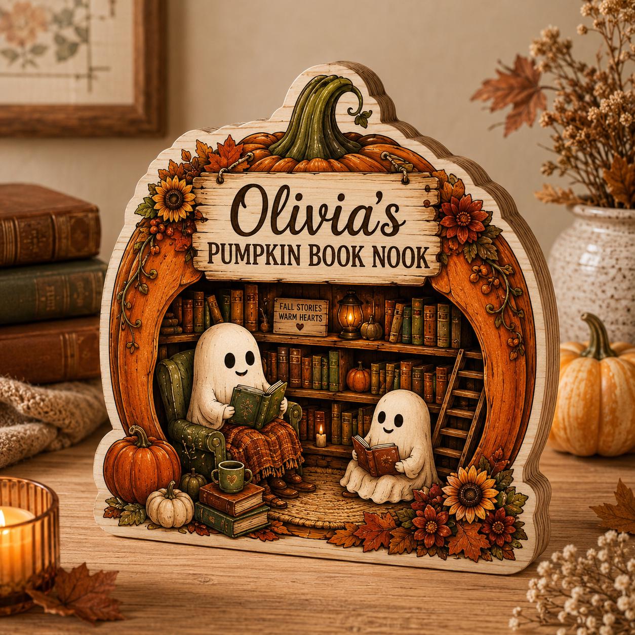 Personalized Pumpkin Book Nook: Halloween Ghost Reading Accent, Autumn Decor