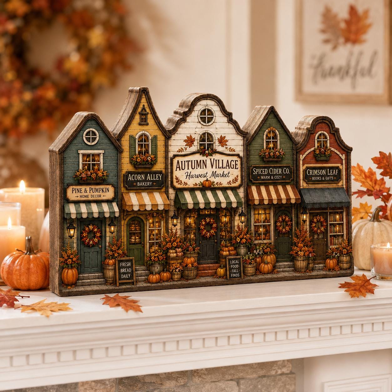 Autumn Village Wooden Block Decor, Fall Harvest Town Shelf Sitter, Rustic Pumpkin Home Decoration, Cozy Seasonal Mantel Display