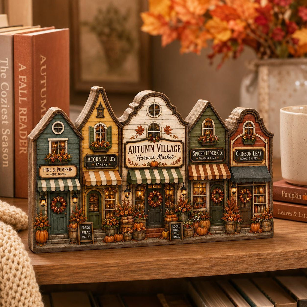 Autumn Village Wooden Block Decor, Fall Harvest Town Shelf Sitter, Rustic Pumpkin Home Decoration, Cozy Seasonal Mantel Display