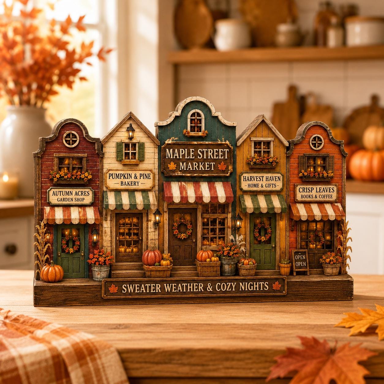 Autumn Village Wooden Block Decor, Cozy Fall Town Shelf Sitter, Rustic Pumpkin Harvest Mantel Decoration, Farmhouse Thanksgiving Gift