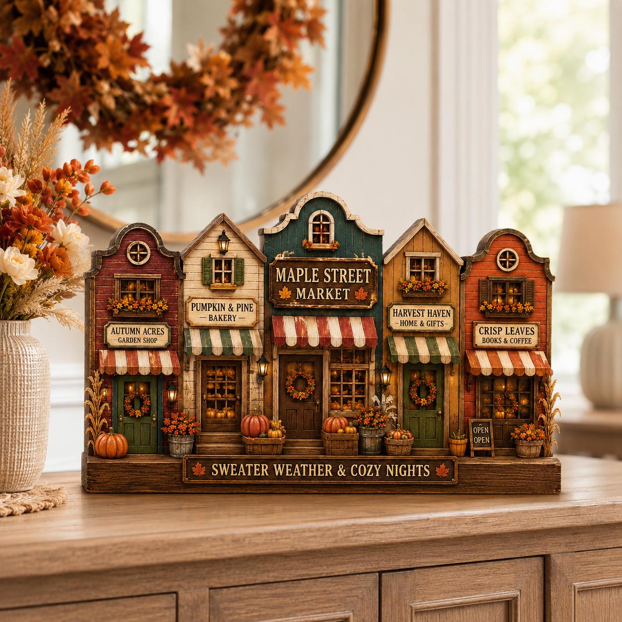 Autumn Village Wooden Block Decor, Cozy Fall Town Shelf Sitter, Rustic Pumpkin Harvest Mantel Decoration, Farmhouse Thanksgiving Gift