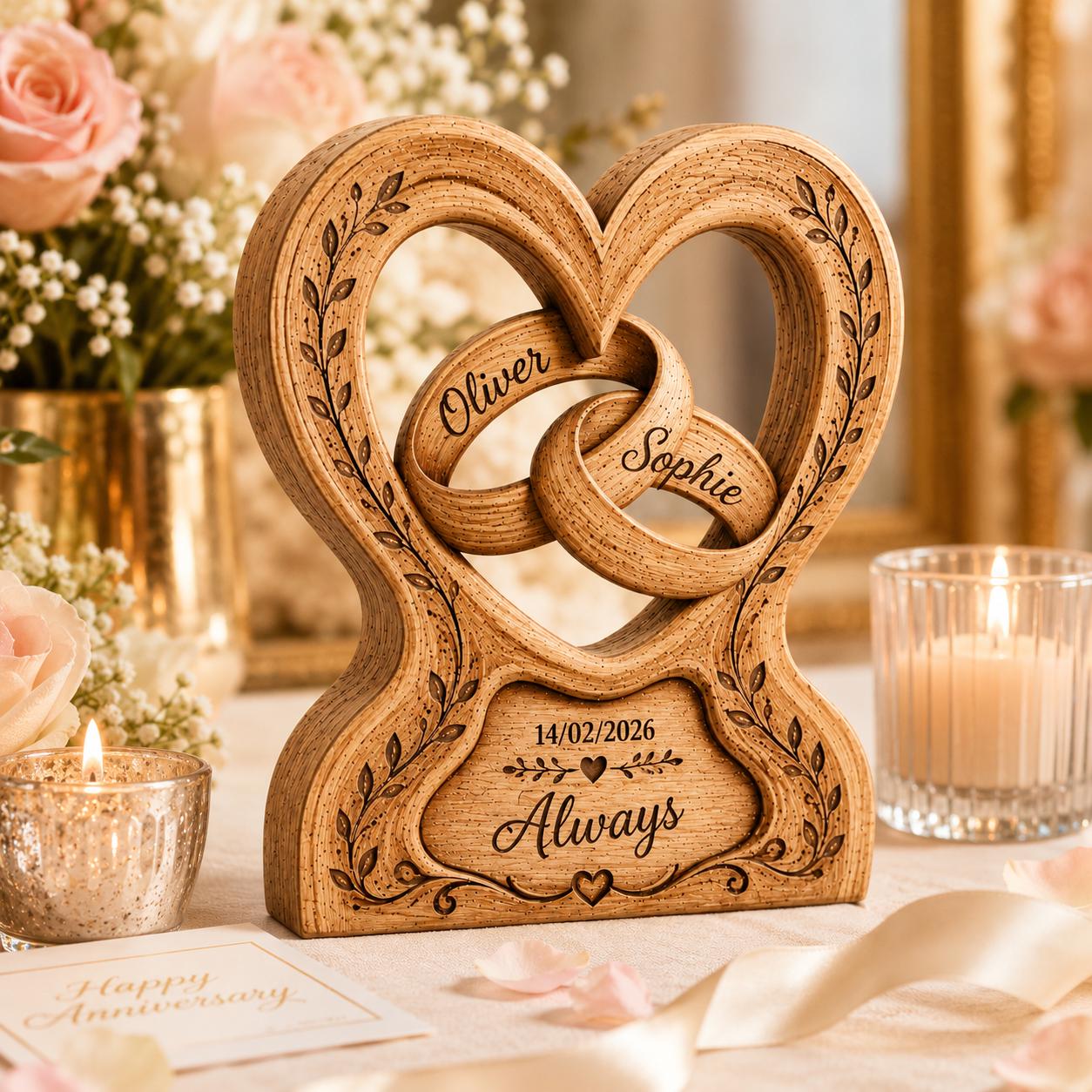 Personalized Wedding Gift 2026 Custom Couples Name Anniversary Sign Rustic Heart Wooden Block Engagement Gift 2D Flat Desktop Decor